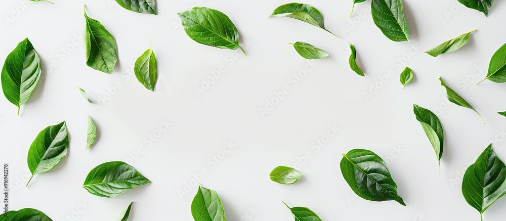 Poster minimalistic flat lay composition with fresh green leaves on a white background in a horizontal fram