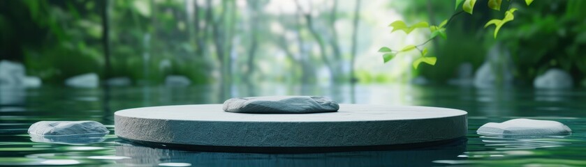 A tranquil water scene featuring a smooth stone on a circular platform, surrounded by lush greenery and gentle reflections.
