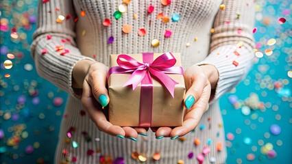 Obraz premium A person holds a small, wrapped gift with a pink ribbon, surrounded by colorful confetti against a bright blue background