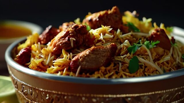 Close-Up of Chicken Biryani with Garnish in Traditional Bowl