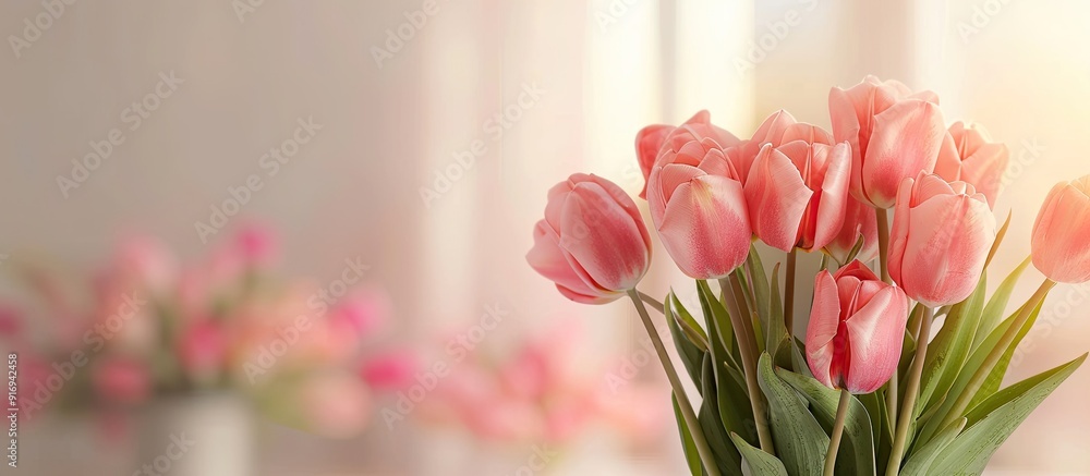Poster pink tulip bouquet displayed on a table with copy space image.
