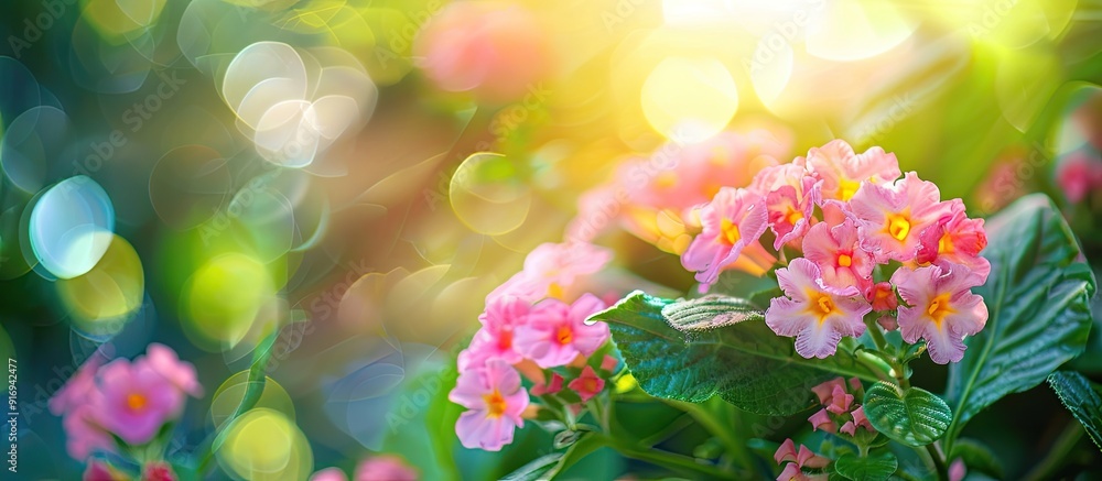 Poster lantana camara, known as common lantana, features pink flowers in a spring setting with selective fo
