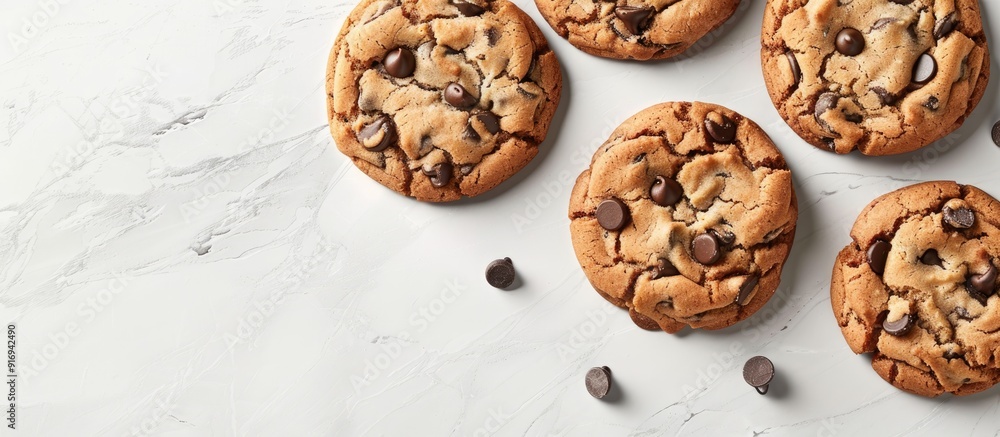 Poster top view of scrumptious chocolate chip cookies displayed on a light grey tabletop with ample space f