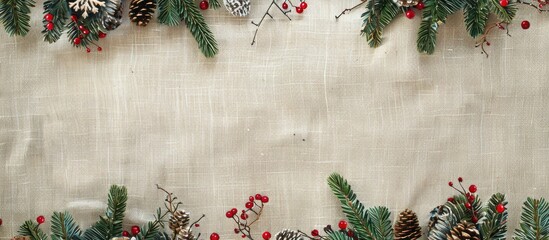 Top-down horizontal photo of a Christmas-themed linen background, offering a clear view for text or design elements with a spacious copy space image.