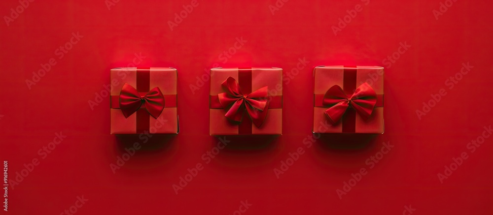 Poster various-sized gift boxes seen from a high angle, on a red background. three boxes aligned in a row, 