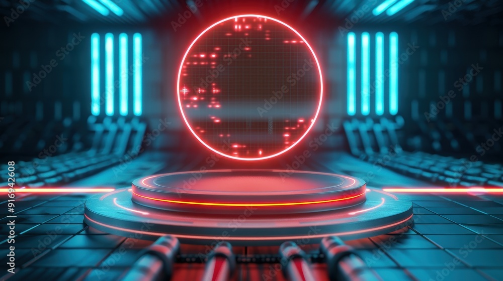 Poster a futuristic digital presentation platform in a high-tech environment, showcasing advanced technolog