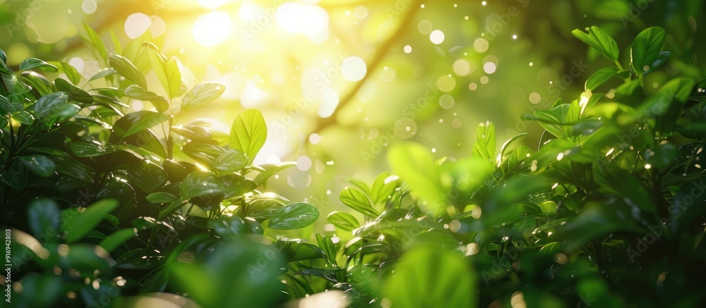Poster natural greenery with sunlight highlights and bokeh effect, creating a picturesque view with a copy 