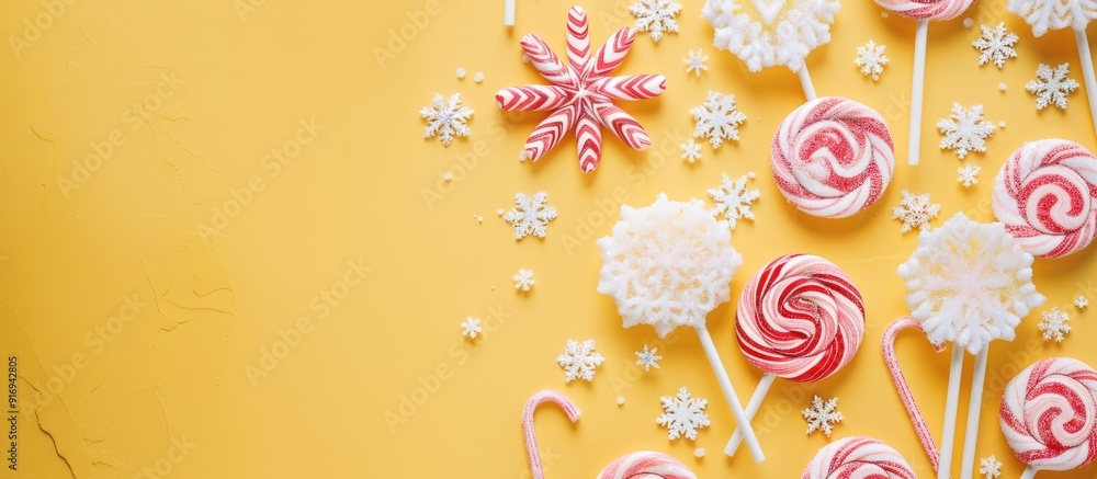 Poster minimal christmas snowflake pattern with lollipops and candy on a yellow pastel background, with a b