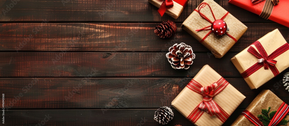 Aufkleber view from above of collection of christmas gift boxes on a wooden table background with ample copy s