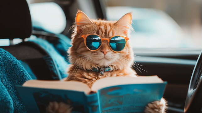 Cool cat in sunglasses reading a book in a car. ..