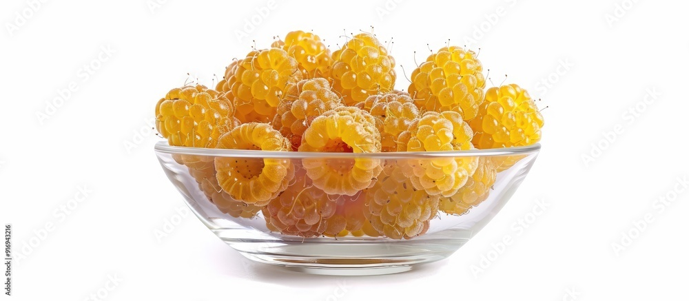 Poster yellow raspberries presented in a clear bowl isolated on a white background with a clipping path for