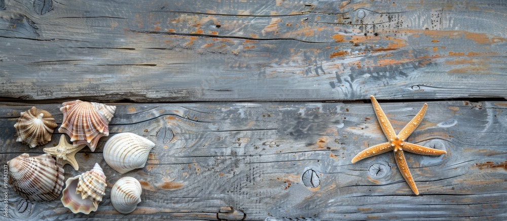 Poster seashell and starfish on aged wooden backdrop with copy space image