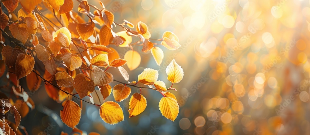 Aufkleber sunlight bathes fall-colored birch leaves, creating a picturesque scene with a space for text or gra