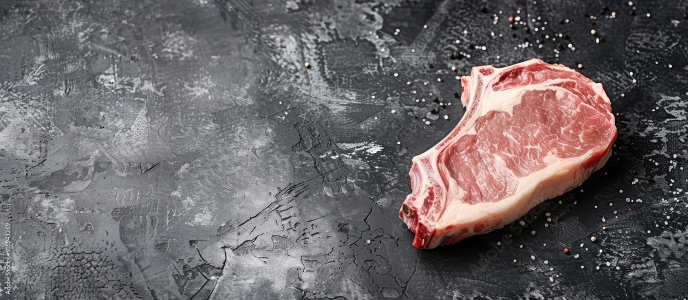 Poster raw pork chop steak displayed with copy space image.