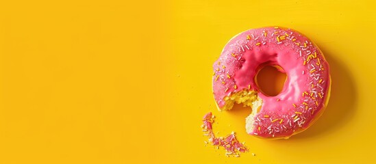 Top-down copy space image of a sale concept on a yellow background, featuring a donut with a bite mark at a 50% discount.
