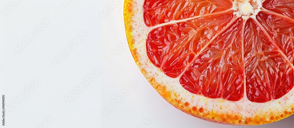 Poster macro close-up shot of a juicy grapefruit, showcasing a round slice on a white background with room 