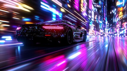 Fototapeta premium A sleek black sports car speeds through a vibrant city at night, illuminated by colorful neon lights