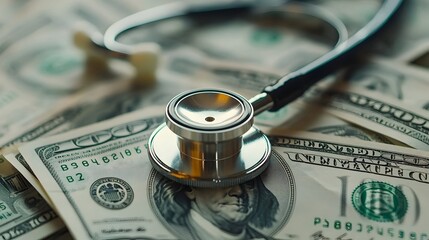 Stethoscope on a pile of dollar bills.