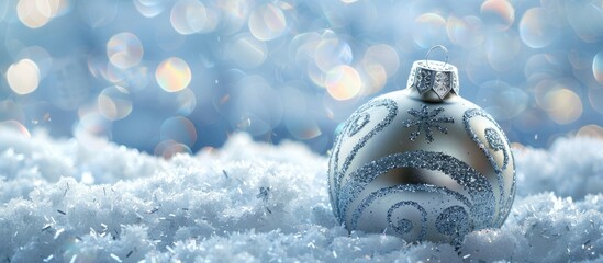 Snow-covered sparkly background with Christmas ornament, copy space image.