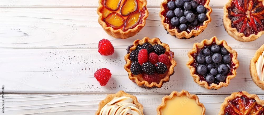 Aufkleber various tasty tartlets displayed on a white wooden surface from a top angle with a backdrop for addi