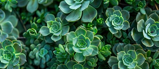 Springtime growth of small Echeveria succulents forms a stunning green rosette in an urban garden, creating a picturesque spring backdrop with room for text. image with copy space