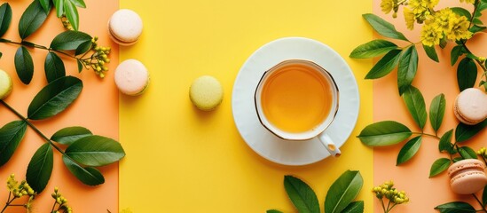 Sunny day vibes at a summer tea party with a cup of tea, macarons, lush greenery, and a yellow backdrop in a top-down view, with room for text or images. image with copy space