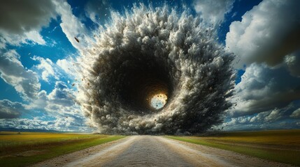 A powerful explosion creates a massive swirling cloud above a rural road during the day