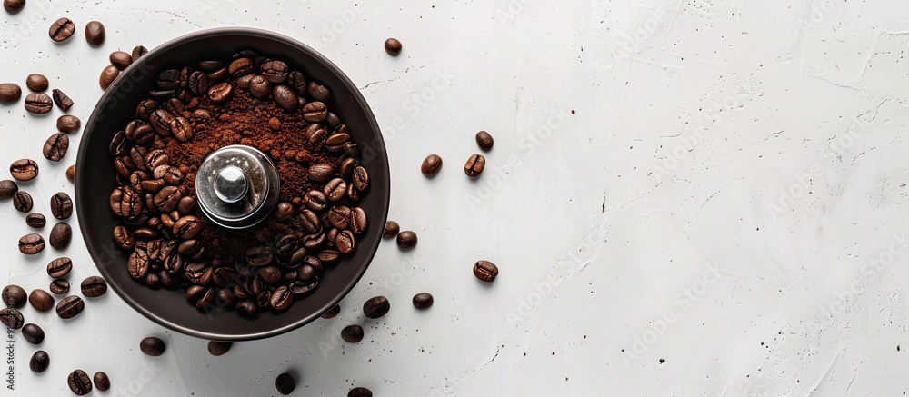 Poster top-down view of a coffee bean and manual grinder on a white tabletop with copy space image availabl