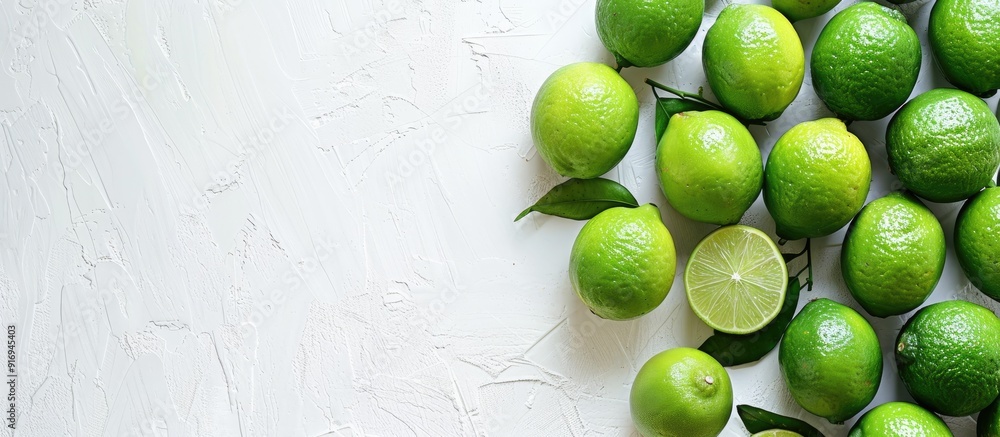 Poster top view of fresh ripe limes on a white background with copy space image
