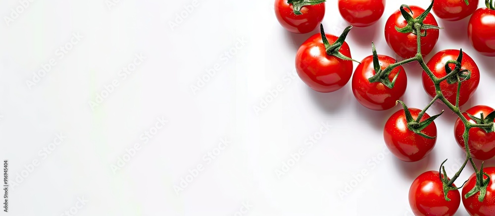 Poster top view of fresh tomatoes with copy space image on white background.