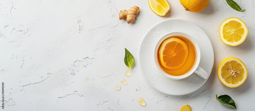 Aufkleber top view of a ginger tea cup with lemon and honey on a white background with copy space image.