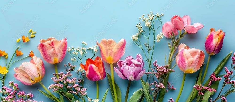 Poster spring tulips and other flowers on a blue background create a vibrant spring banner with ample copy 
