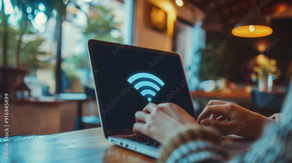 Poster person setting up a secure wi-fi connection on a laptop