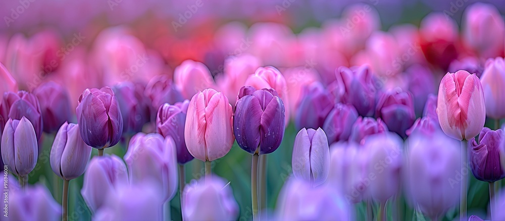 Sticker Vibrant pink and purple tulips in a close-up shot, showcasing a field of multicolored tulips as a representation of holidays and spring, perfect for a copy space image.