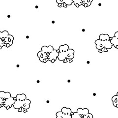 Cute kawaii clovers friends. Seamless pattern. Coloring Page. Funny couple cartoon characters. Hand drawn style. Vector drawing. Design ornaments.