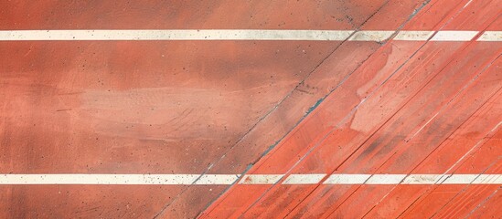 View from above of textured rubber running track lanes with white line markings for a background with copy space image.