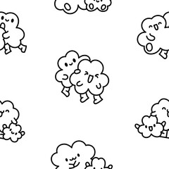 Cute kawaii clovers friends. Seamless pattern. Coloring Page. Funny couple cartoon characters. Hand drawn style. Vector drawing. Design ornaments.