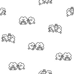 Cute kawaii clovers friends. Seamless pattern. Coloring Page. Funny couple cartoon characters. Hand drawn style. Vector drawing. Design ornaments.