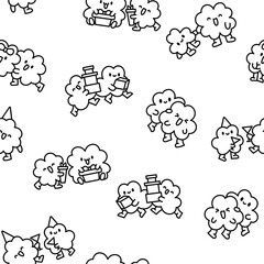 Cute kawaii clovers friends. Seamless pattern. Coloring Page. Funny couple cartoon characters. Hand drawn style. Vector drawing. Design ornaments.