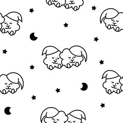 Cute kawaii clovers friends. Seamless pattern. Coloring Page. Funny couple cartoon characters. Hand drawn style. Vector drawing. Design ornaments.