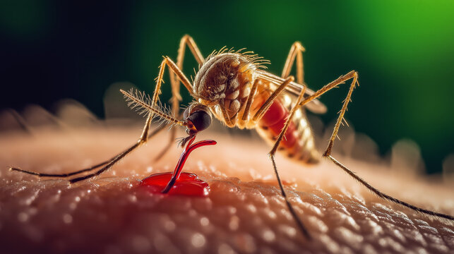 Close-Up of Mosquito Feeding on Human Skin