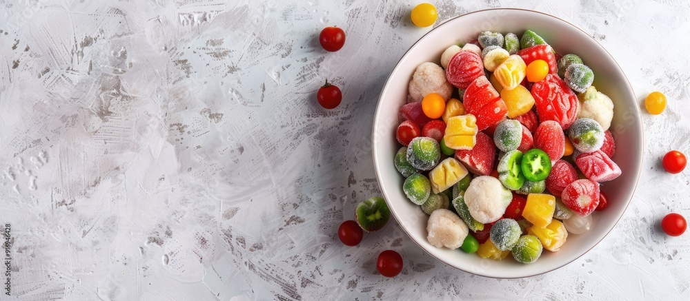 Poster frozen vegetables in a bowl displayed on a light background with copy space image.