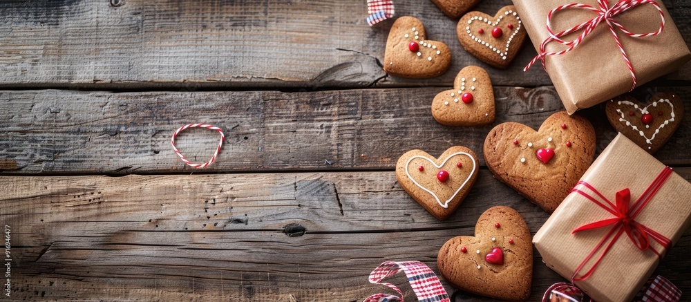 Poster heart-shaped cookies and gift boxes displayed on a wooden surface with ample copy space for various 