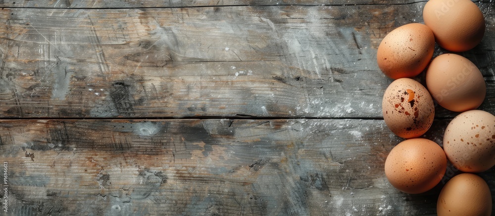 Poster top-down image of eggs on a wooden table with a background suitable for text placement. image with c