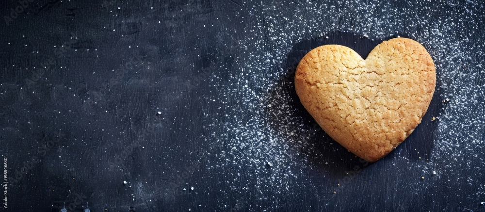 Poster heart-shaped cookie with a love message on a black table with ample space for text or images.