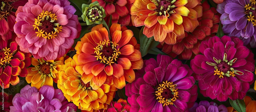 Poster the vibrant hues and varied patterns of zinnias create a captivating visual experience in a copy spa