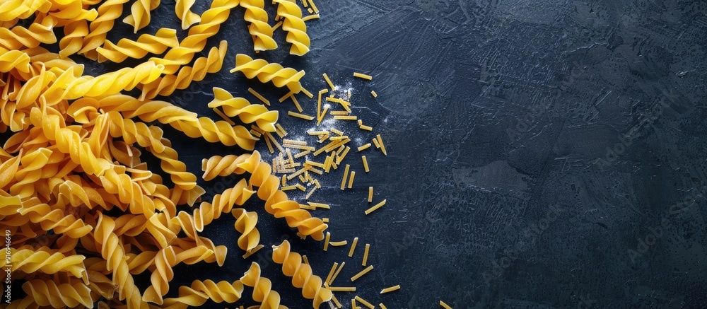 Poster top view of authentic italian uncooked pasta on a dark stone surface, perfect for display with empty