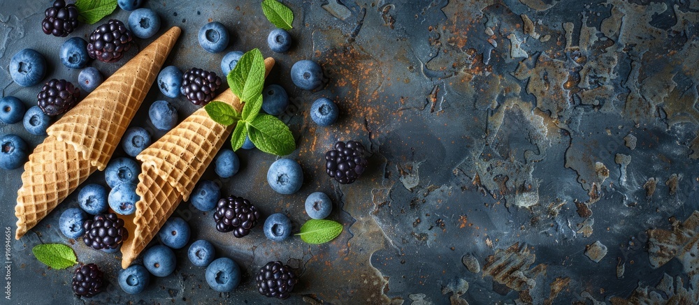 Poster top-down view of waffle cones with blueberries and fresh mint on a textured rustic backdrop, featuri