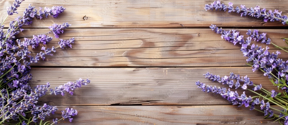 Poster selective focus on a rustic wooden background with a lavender frame surrounding a copy space image.