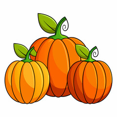 Three Pumpkins with Green Leaves and Stems